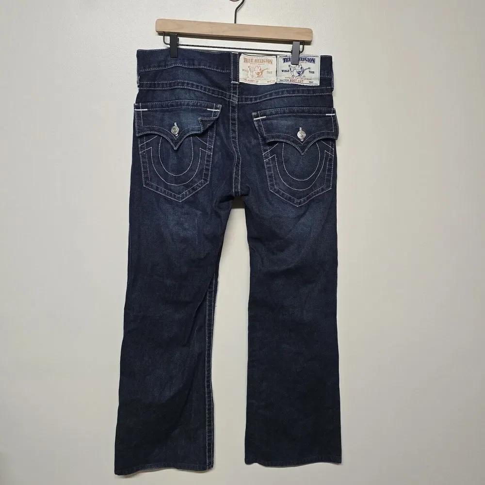 True Religion Mens Knee Patchwork Bootcut‎ With Flap Dark Wash Denim Jeans Sz 34